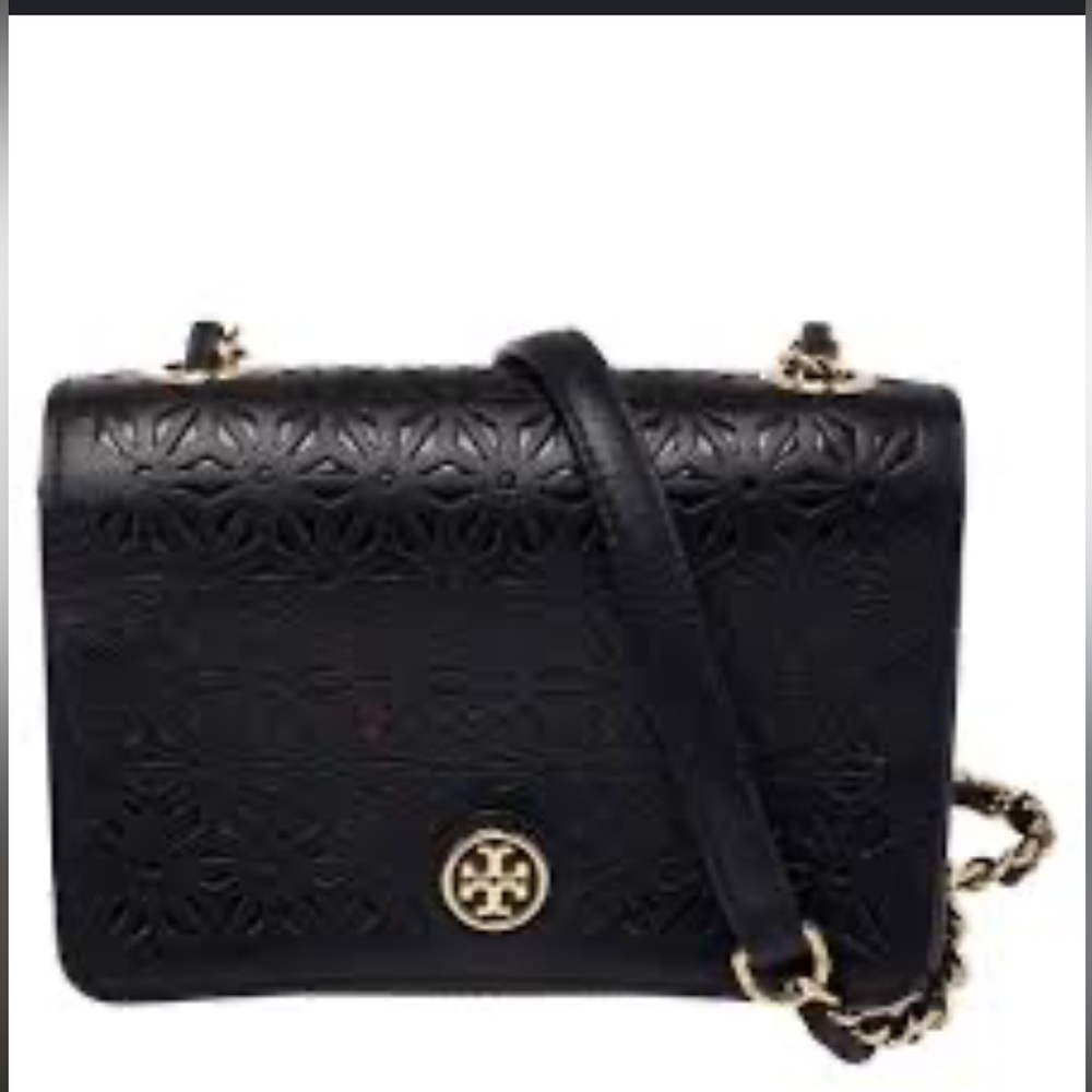 Tory Burch Robinson Floral Perforated Crossbody Bag in black Saffiano leather
